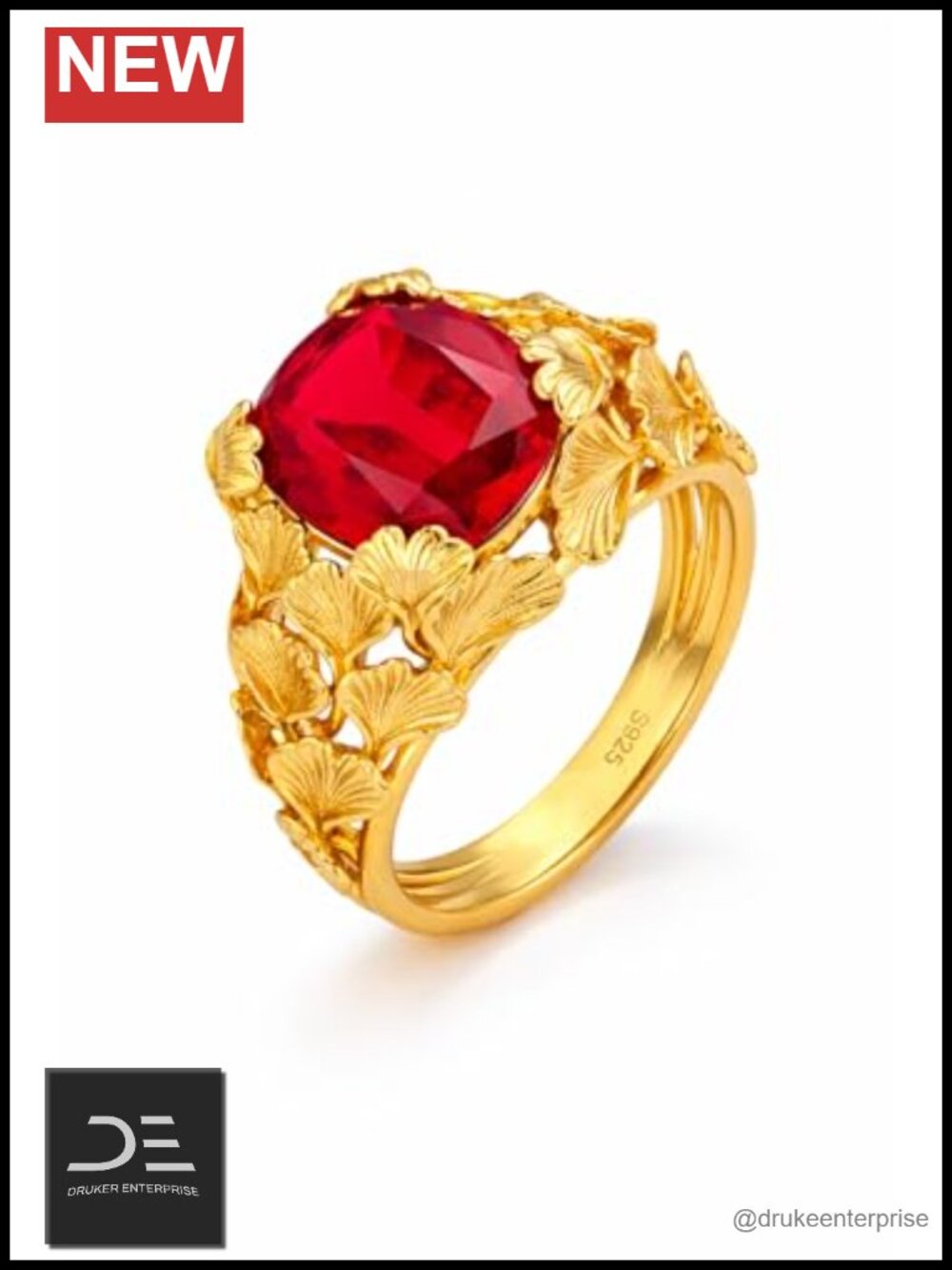 3.95ct Lab Grown Ruby Ring 24K Gold Plated Sterling Silver Statement Ring for